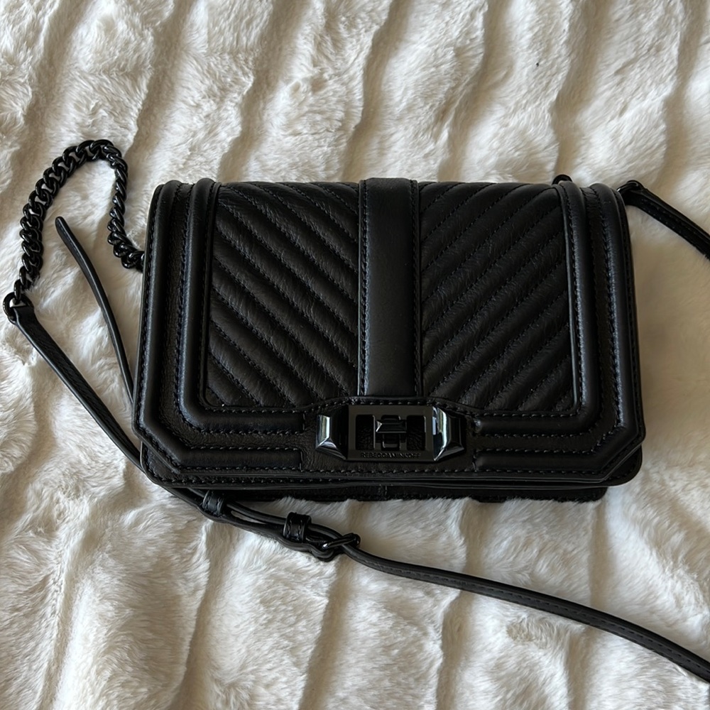 Rebecca Minkoff Chevron Quilted Love Crossbody in black.